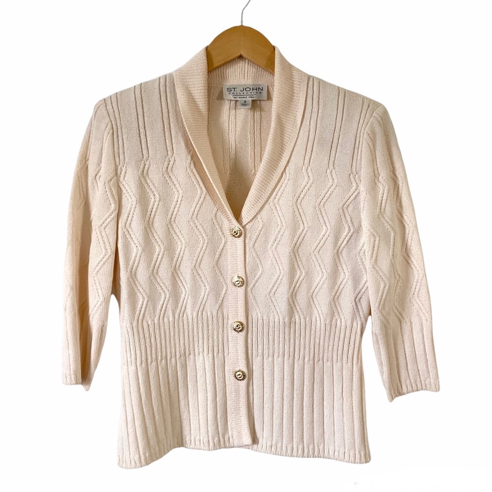 St. John Cream Shawl Collar Knit Cardigan